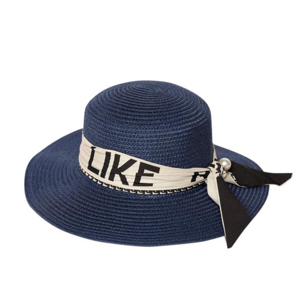 

wide brim hats letter ribbon panama straw hat women french summer beach style bow fisherman female male sunhat lady, Blue;gray