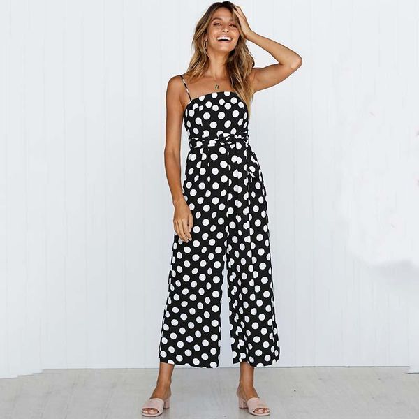 

women's jumpsuits & rompers summer sleeveless dot print jumpsuit wpmen solid bandage bodysuit loose casual female plus size overalls, Black;white