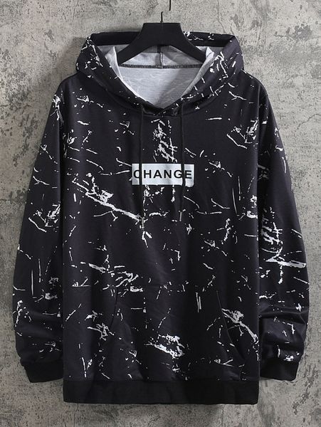 

men letter graphic & allover print drawstring hoodie 44cs#, Black