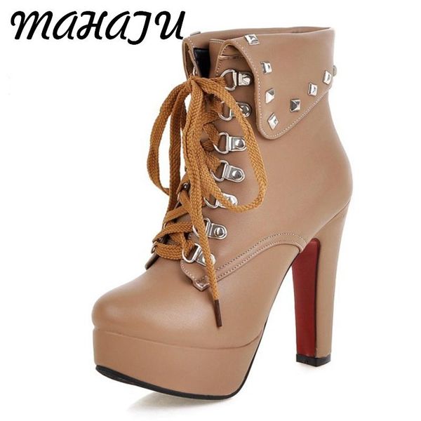 

boots big size 32-48 winter style thick high heels rivets lace up ankle platform women fall warm shoes 2021, Black