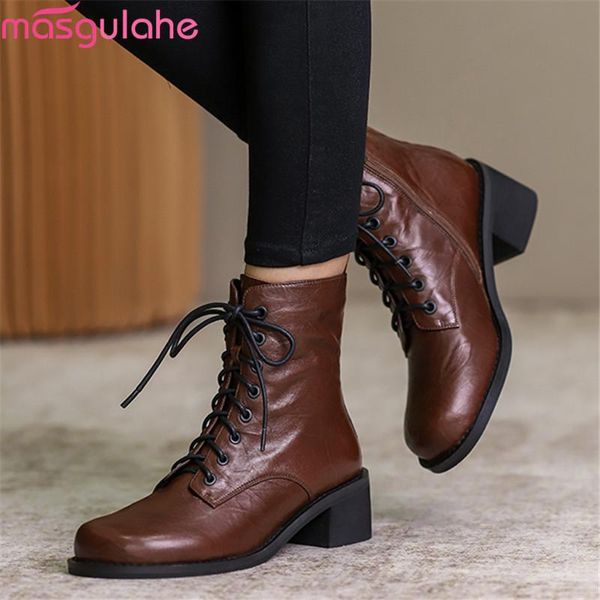 

boots masgulahe 2021 arrival fashion ankle genuine leather med heels square toe autumn winter women, Black