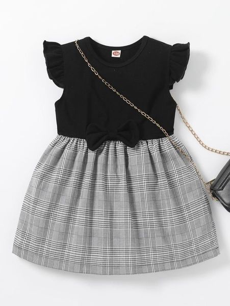 

toddler girls plaid ruffle sleeve bow dress without bag she, Red;yellow