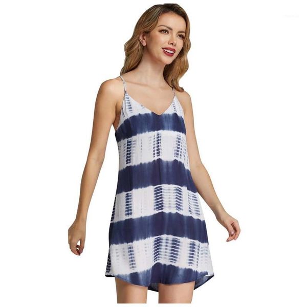

casual dresses fashion summer korean dress 2021 sweet women's v neck tie-dye backless bohemain sleeveless, Black;gray