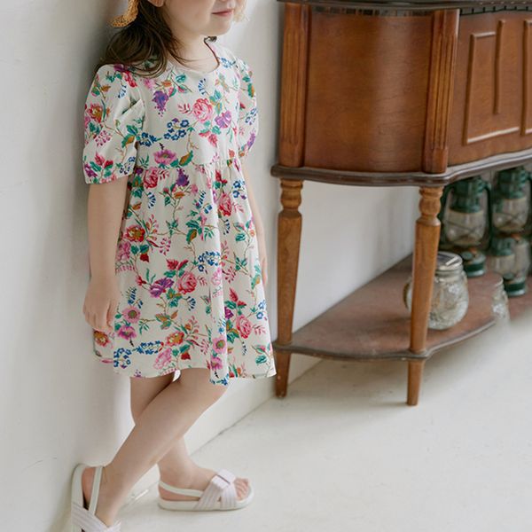 

girls clothing summer girls puff sleeve flower print dress kids princess party costume childrens fashion clothing size of 80-140, Red;yellow