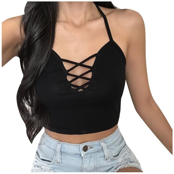 

women's tanks & camis mesh hollow crops fashion deep v neck sports vest solid color sleeveless slim cross ropa mujer, White