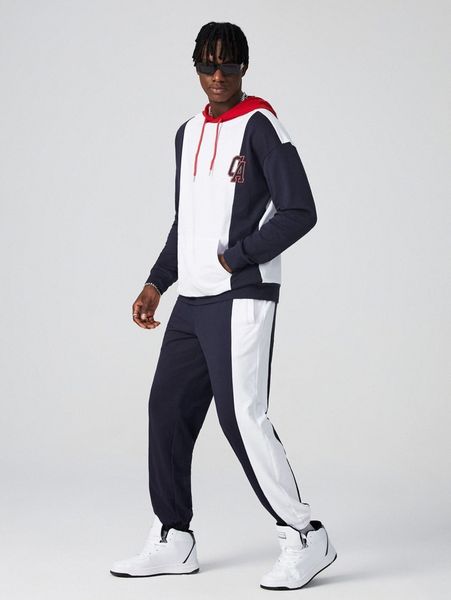 

men letter embroidered colorblock hoodie and joggers set 68kr#, Gray
