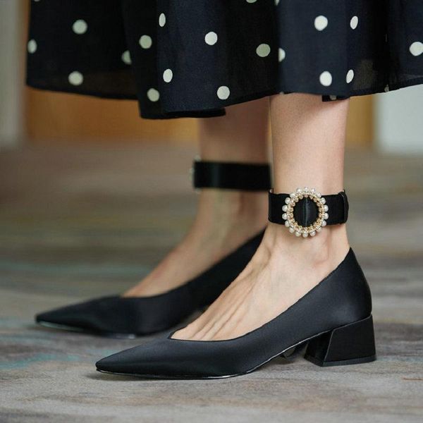 

dress shoes zawsthia glossy satin pointed toe chunky middle heels womens pumps elegant ladies wedding bridal mary janes, Black