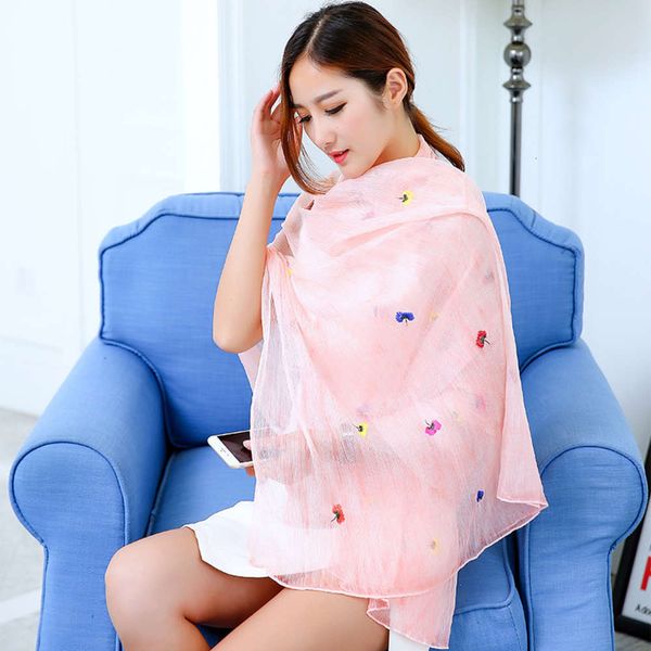 

2019 summer thin sunscreen silk shawl dual purpose embroidery flower small fresh scarf, Blue;gray