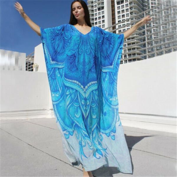 Verão Bohemia Style Beach Coverp Women Retro Blue Totem Print Bikiny Swimwear Robe Bathigan Cardigan Lady Women's