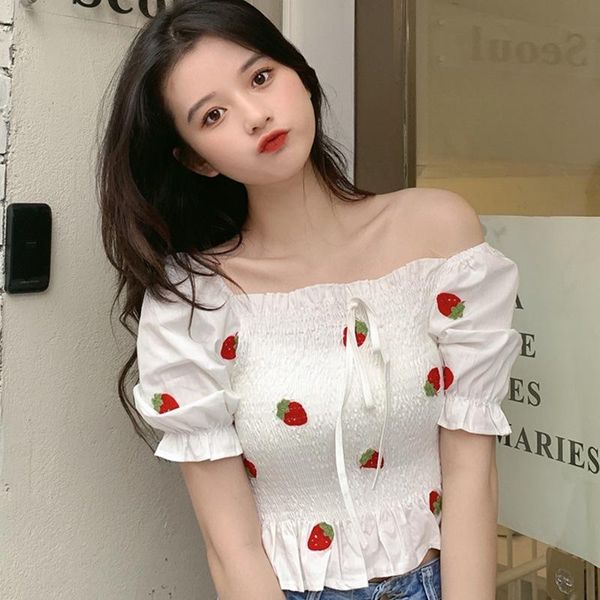

women's blouses & shirts women square neck fruit embroidery sweet short sleeve summer blouse slim shirt, White