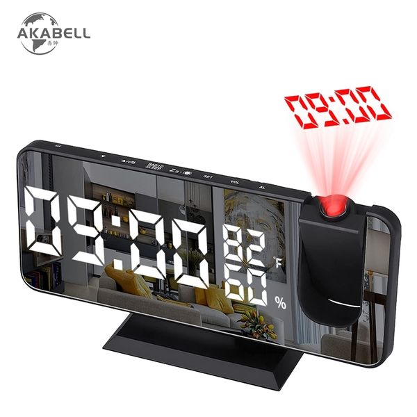 Akabell dupla barulhentos inteligentes despertador projeção para rádio de quarto digital com carregador USB grande espelho led display 210804