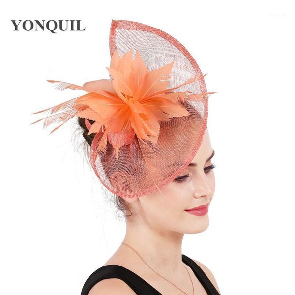 

coral wedding holiday mesh sinamay fascinator hat for women three feather flower party church derby fedora pillbox hatsyf6851
