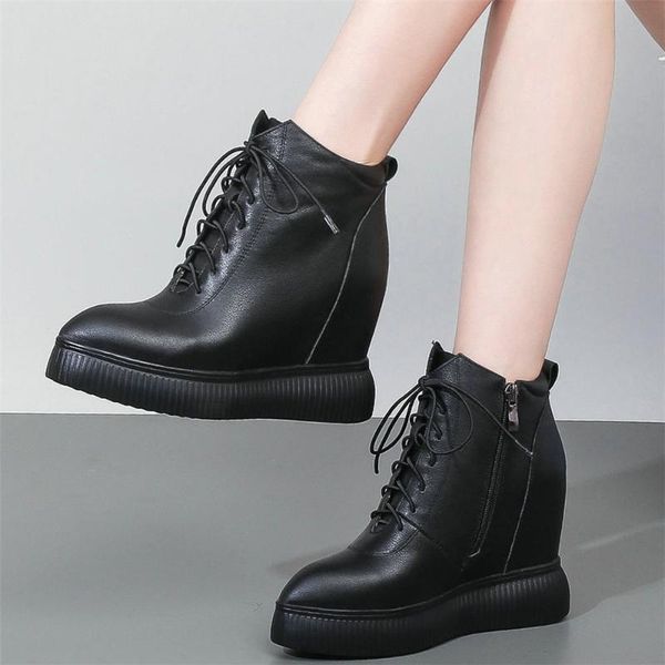 

boots high creepers women lace up genuine leather wedges heel ankle female pointed toe fashion sneakers casual shoes, Black