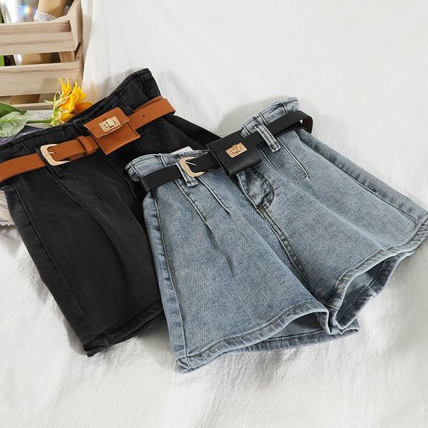 

women's jeans denim shorts summer style high waist slimming straight wide leg pants loose large size outer wear fashion, Blue