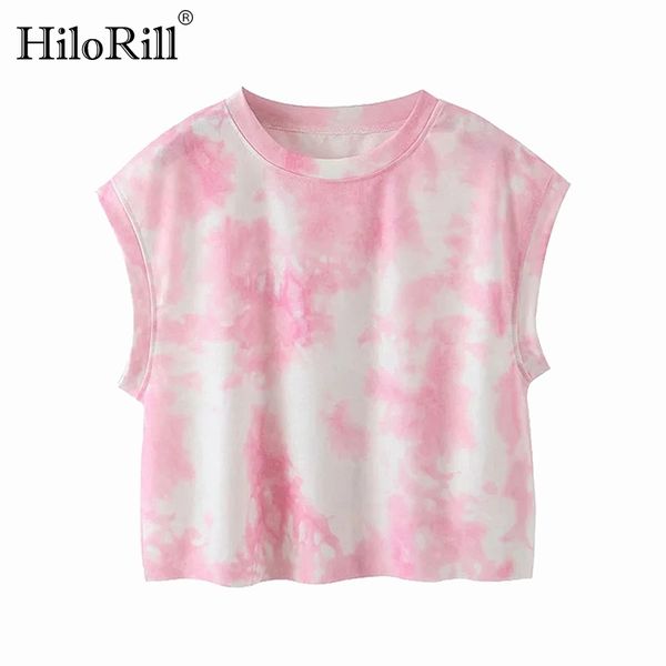 

fashion tie dye print sleeveless crop t shirt women summer casual o neck s tees female multicolor t-shirt 210508, White