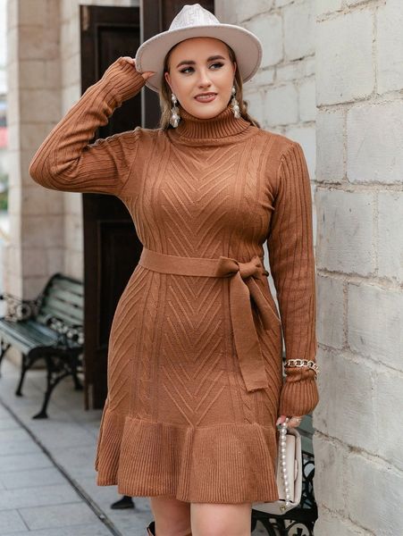 

simplee plus turtleneck ruffle hem belted sweater dress s3kg#, Black