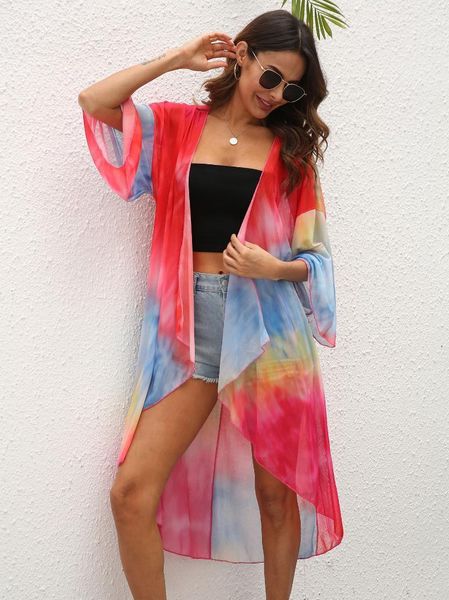 

beach cardigan 2021 bikini cover up tie dye bathing suit women kimono plus size tunic 3/4 sleeve swimwear cover-ups women's, White;black