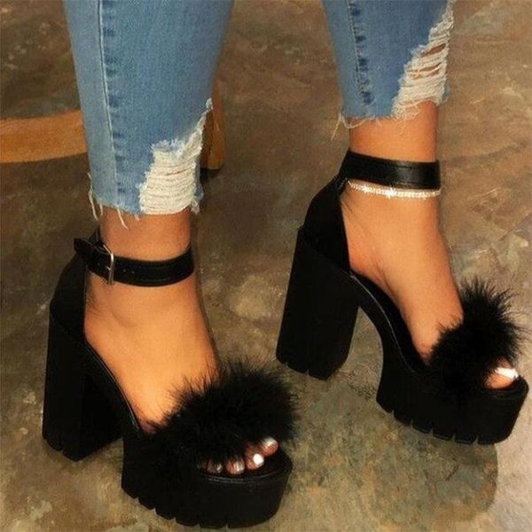 

summer woman furry sandals ladies high heels with fur shoes female platform pumps women's ankle strap wedge plus size 43 dress, Black
