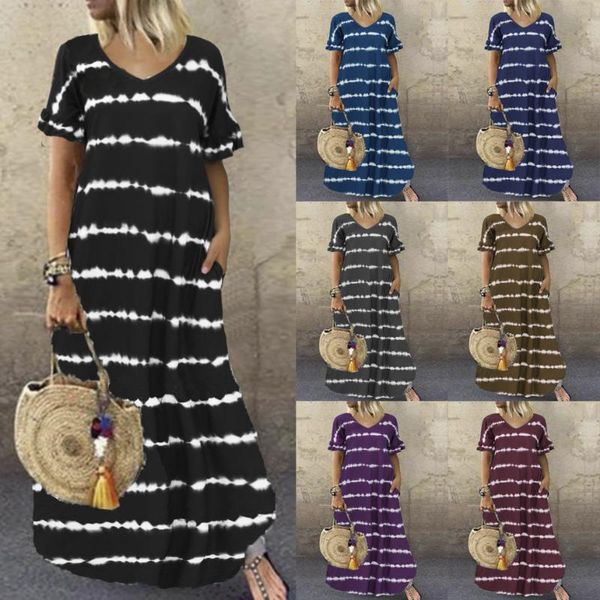 

casual dresses summer irregular stripe plus size maxi dress for fashion women 2021 pocket long tie dye print 5xl robe, Black;gray