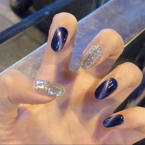 

false nails 24pcs/set fake silver purple cat eye wearable finished nail sticker fully covered decoration set art tools, Red;gold