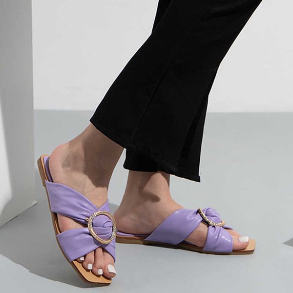 

2021 women metal square toe slippers woman solid shoes female peep toe women's flat pu leather footwear ladies summer plus size y0731, Black