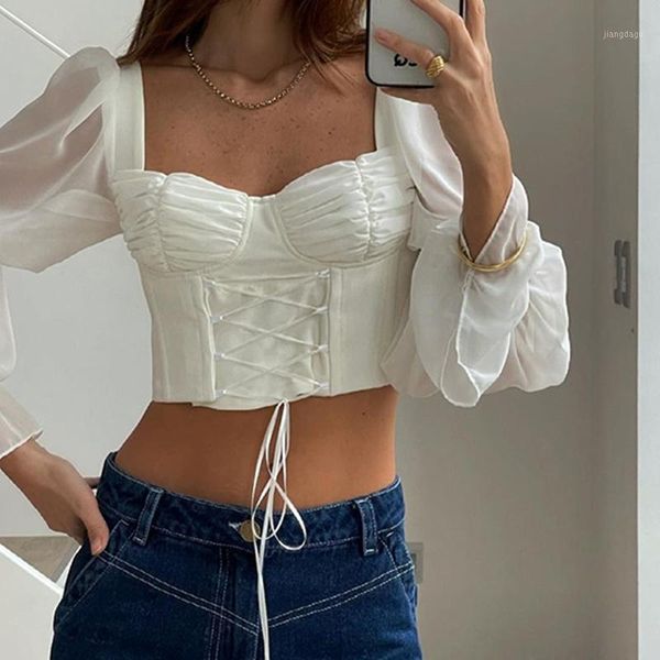 

women's blouses & shirts 2021 fashion puff sleeve women blouse shirt elegant long bandage slim fit crop square collar exposed navel, White