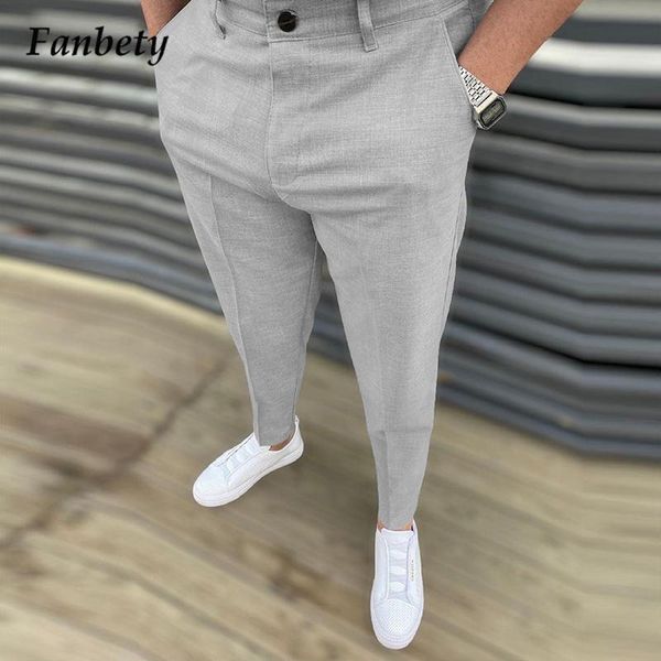 

men's pants casual business men mid waist buttoned design spring autumn fashion slim fit long trouser for mens solid streetwear, Black