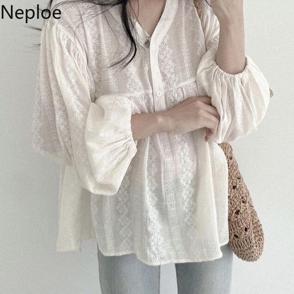 

women's blouses & shirts neploe korean chic sweet v neck blouse women 2021 autumn embroidery crochet design loose chiffon shirt puff sl, White