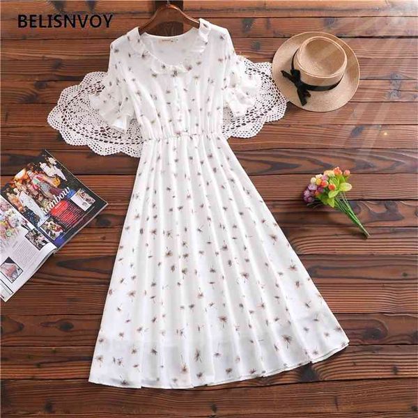 Sommer Frauen Süße Lange Romantische Kleid Rüschen Kragen Floral Gedruckt Kurzarm Koreanische Chic Chiffon es 210520