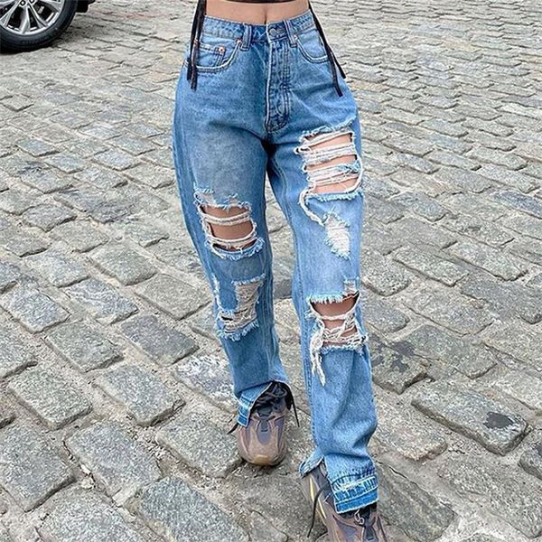 

women's jeans ladies 2021 blue ripped hole washed pencil pants trousers