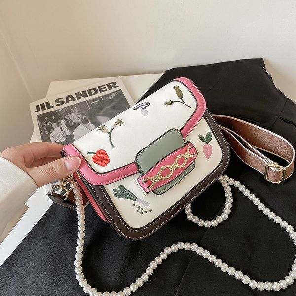 

luxury designer bag women's fashion contrast color saddle bag new pearl chain texture messenger small square