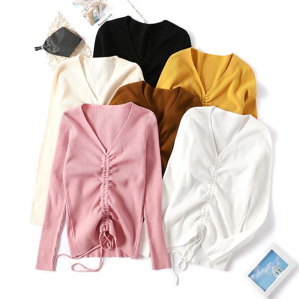 

women's sweaters arrival 2021 women v neck long sleeve solid color retractable lace up decorative jumper pull femme clothing, White;black