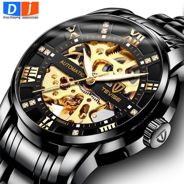 

2021 men watches stainless steel automatic mechanical mark luxury transparent hollow skeleton military, Slivery;brown