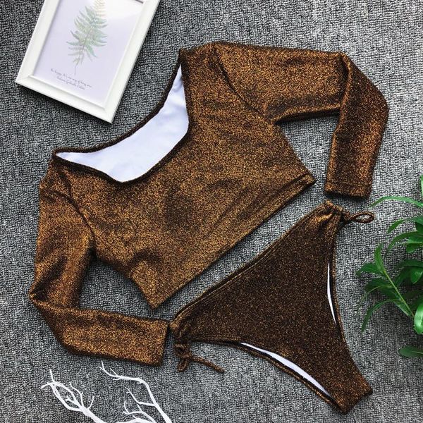 

women's swimwear bling long sleeve two piece swimsuit bandage cut out bathing suit women high low waist swimming, White;black