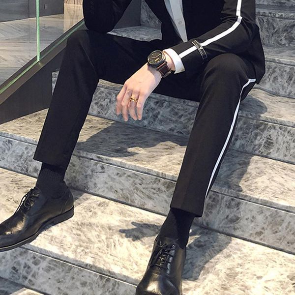 

men's suits & blazers 2021 spring fashion stripe pant men casual business office trousers contrast side tape korean slim mens dress pan, White;black