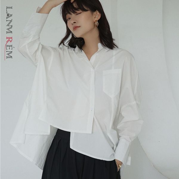 

white lapel long sleeves behind the fork irregularity loose plus woman shirt casual wild fashion spring td040 210507