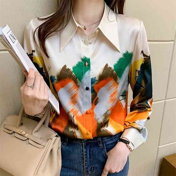 

fashion women's chiffon blouses oil printing shirts spring summer blouse long sleeve shirts blusas mujer 210323, White