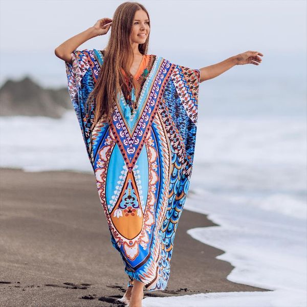 

bohemian printed summer holiday womens cami dress blue tunic beach wear kaftan v neck bats sleeve maxi robe q956, White