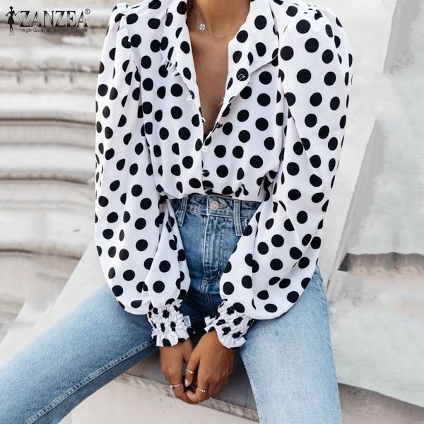 

blouses blouses for women bohemian puff sleeve polka dot printed shirts 2021 spring summer tunic chemiser mujer, White