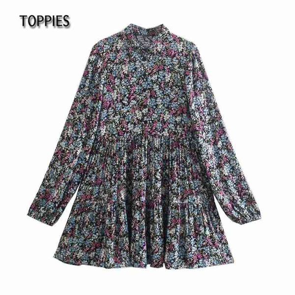 

blooming flowers print blouses dresses women long sleeve mini dress spliced pleated hem 210421, Black;gray