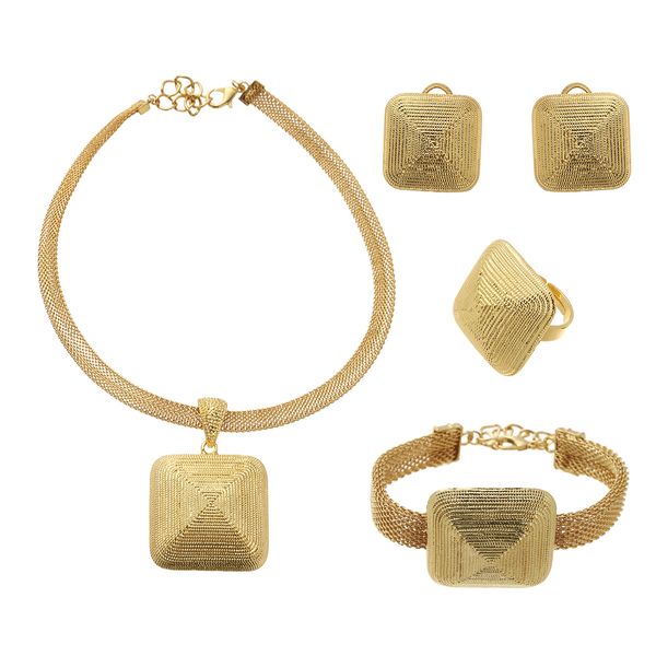 

dubai gold 24k jewelry set for women african bridal wedding gift party necklace square earrings ring bracelet, Slivery;golden