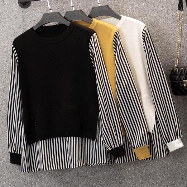 

women's knits & tees yards dress of fund 2021 fat younger sister autumn easing off two stripe splicing knitting sweater jackets, White