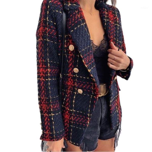 

women's wool & blends fashion ladies woolen coat double breasted tweed blended plaid blazer jacket spring autumn outerwear, Black