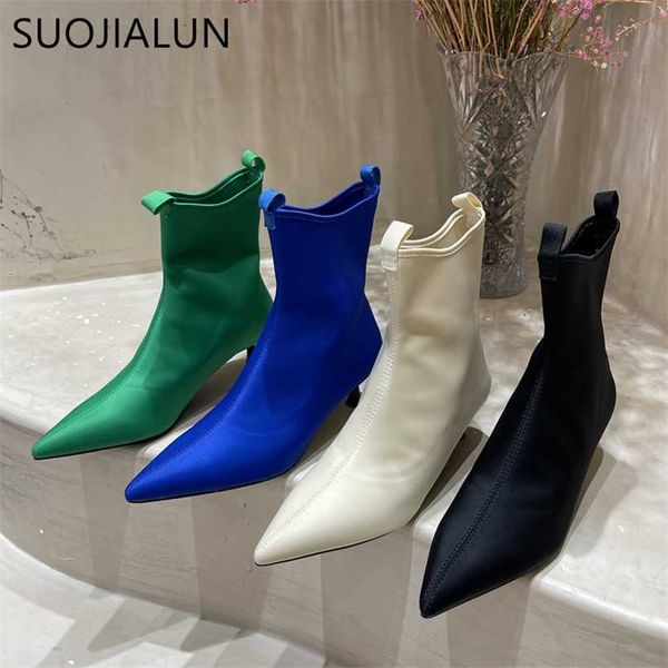 

suojialun winter fashion women boots ladies thin high heel pointed toe elastic ankle slip on female socks 211104, Black