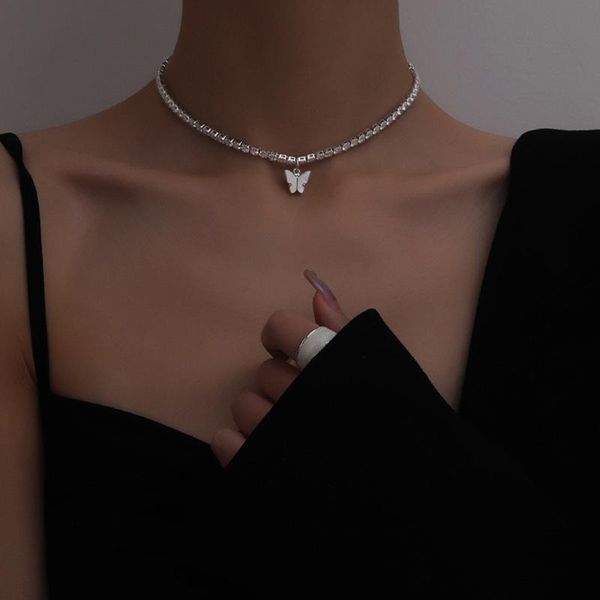 

chains retro ins wind butterfly necklace female clavicle chain high-quality royal zircon cz banquet fashion jewelry, Silver