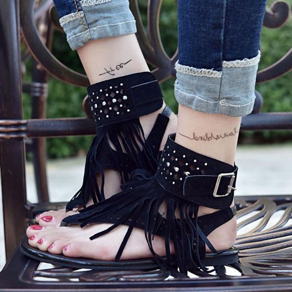 

bohemian fringe sandals tassel straps flat for women large size 36-43 summer casual shoes flip-flops boho ladies, Black
