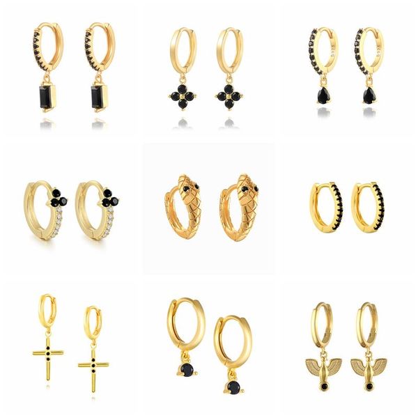 

hoop & huggie canner black zirconia hoops ear rings for women teens anniversary gift 925 sterling silver cross snake earring brinco, Golden;silver