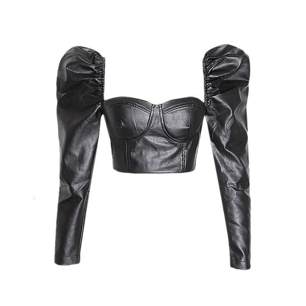 

hoodie pu leather short blouse for women square collar long sleeve black slim shirt female fashion clothing