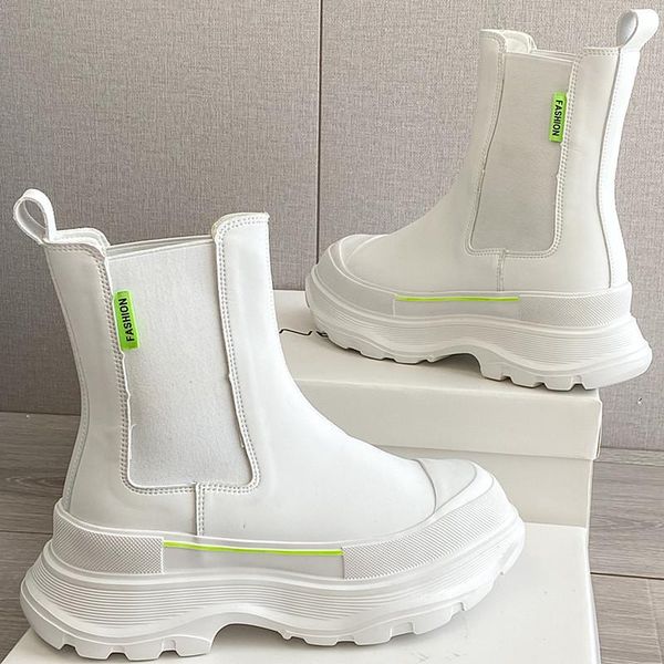 

boots 2021 winter ankle chunky black leather brand for women platform fashion white round toe shoes woman