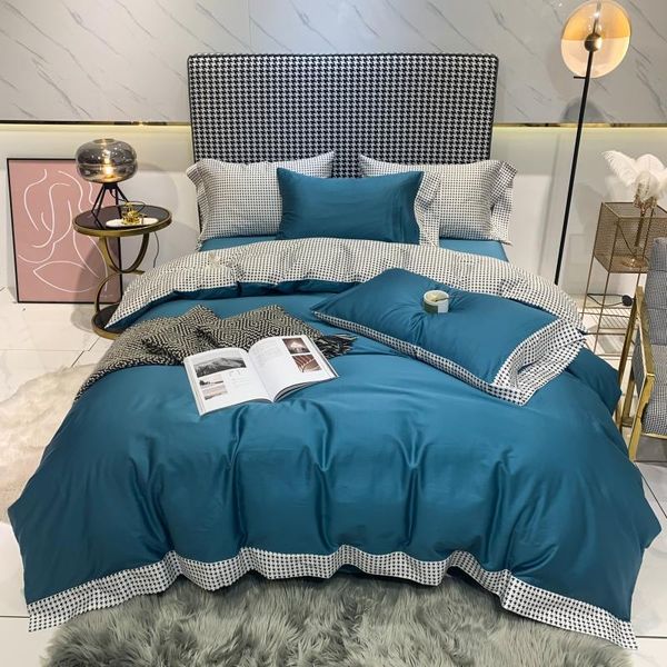 

luxury 600tc egyptian cotton el bedding set black white lattice edge duvet cover flat/fitted sheet pillowcases home textiles sets